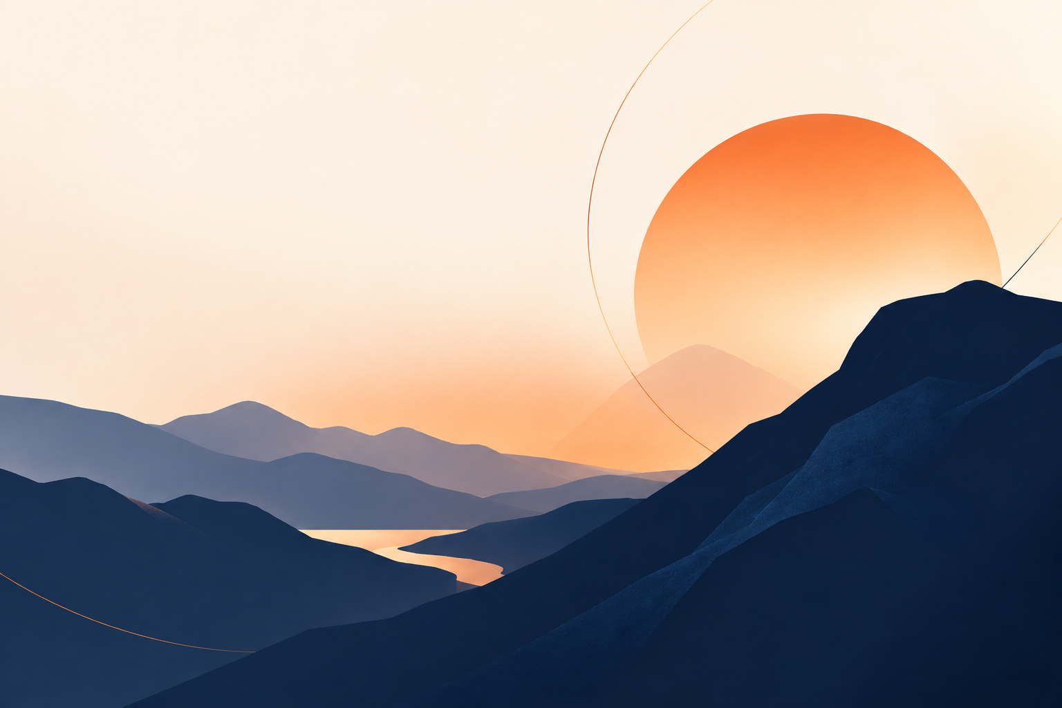Minimal layered mountain ranges at dawn with a warm orange sun rising above navy peaks