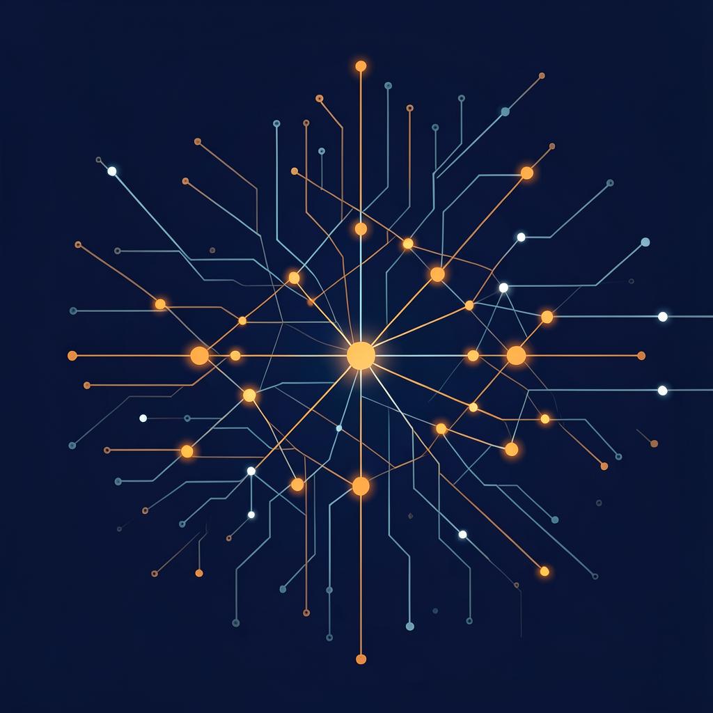 Abstract network of glowing orange and steel-blue nodes on navy